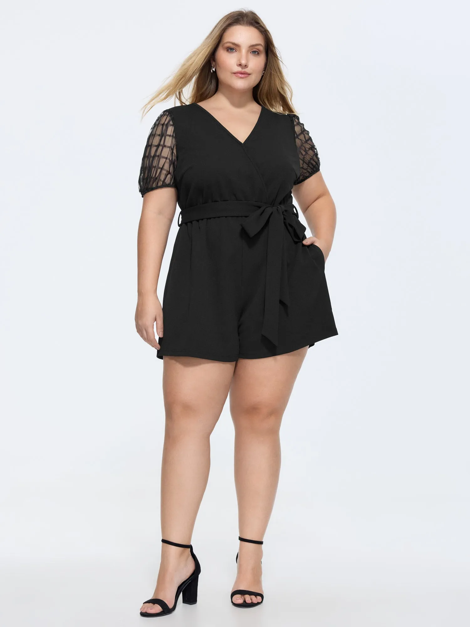Sheer Sleeves Waist-Tie Romper sold by Bloomchic product image thumbnail 3
