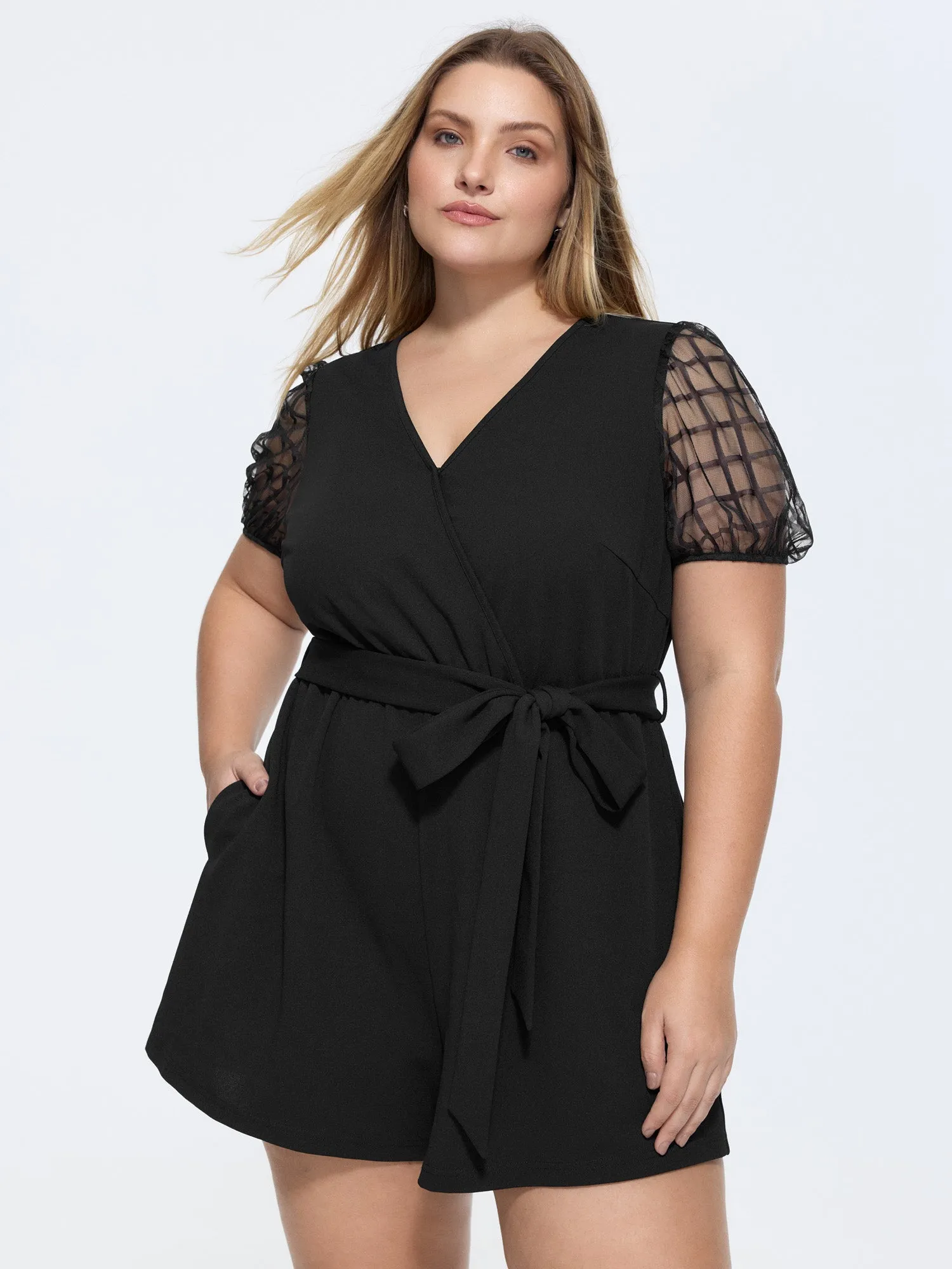 Sheer Sleeves Waist-Tie Romper sold by Bloomchic
