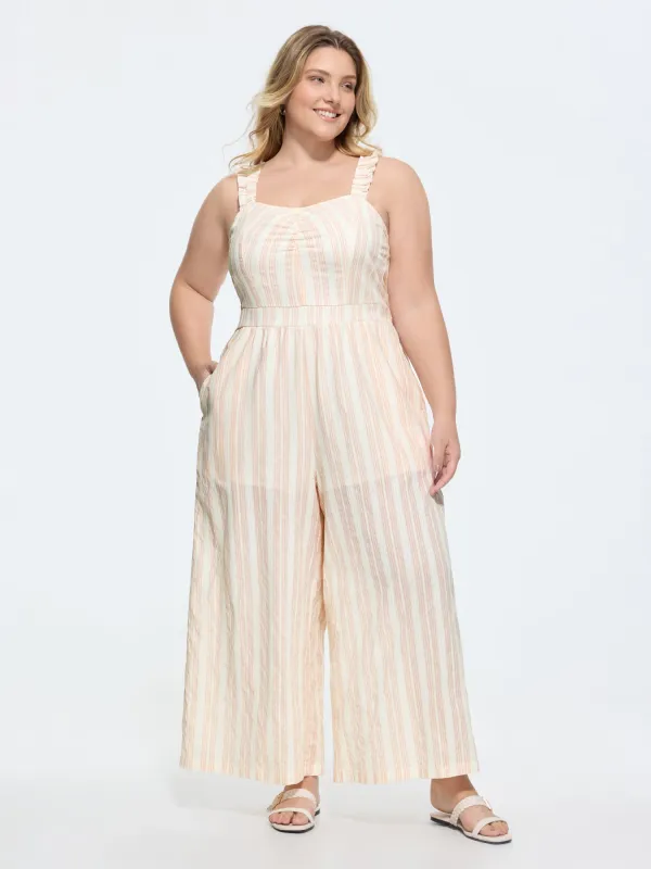 Sheer Striped Print Shirred Straps Jumpsuit made by Bloomchic
