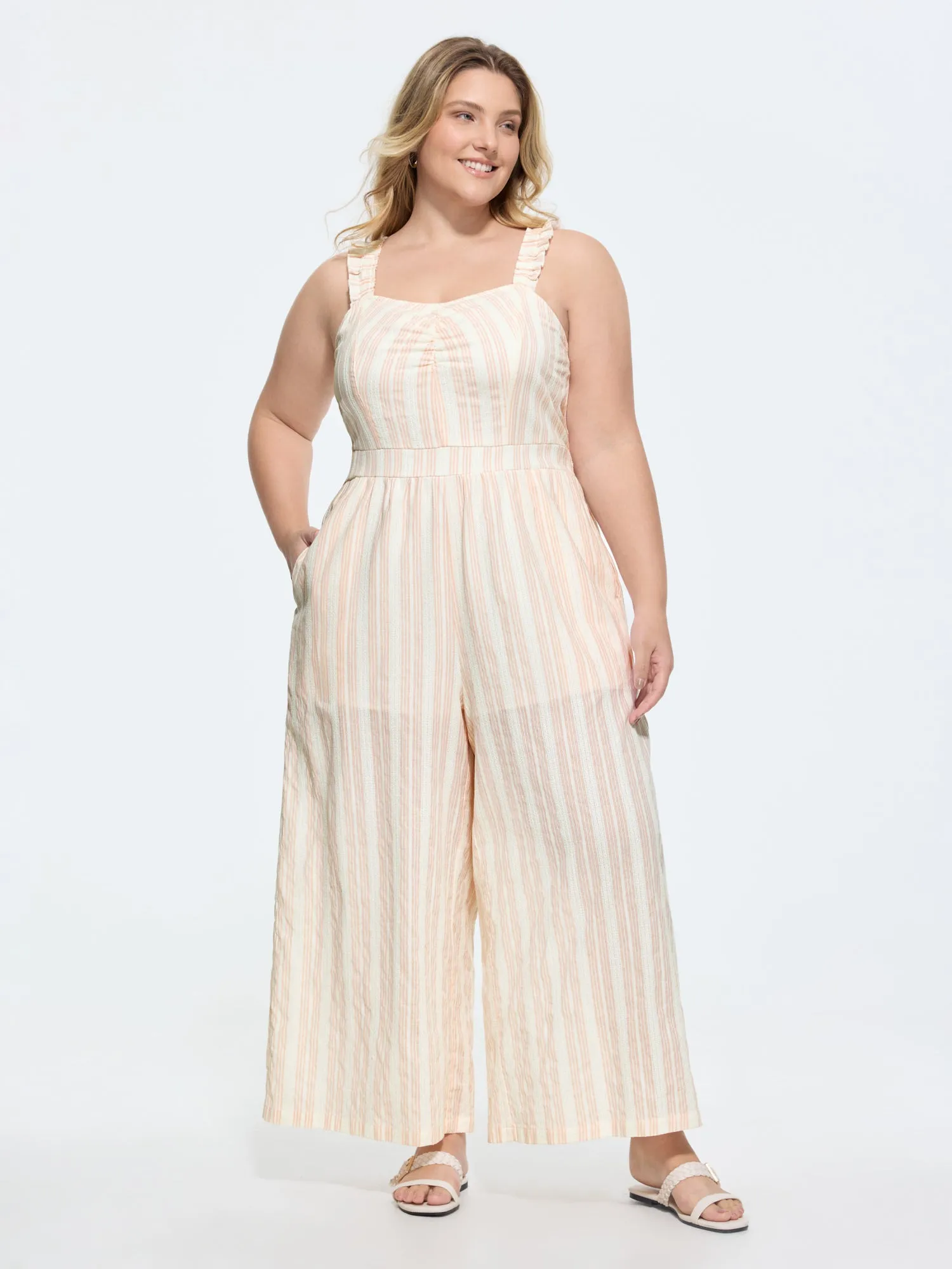 Sheer Striped Print Shirred Straps Jumpsuit sold by Bloomchic