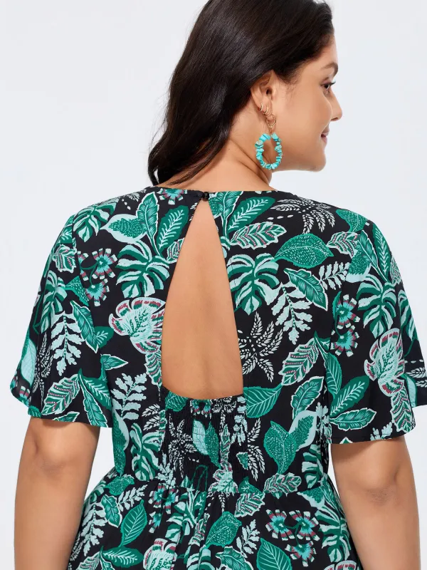 Tropical Print Cut-Out Back Romper made by Bloomchic