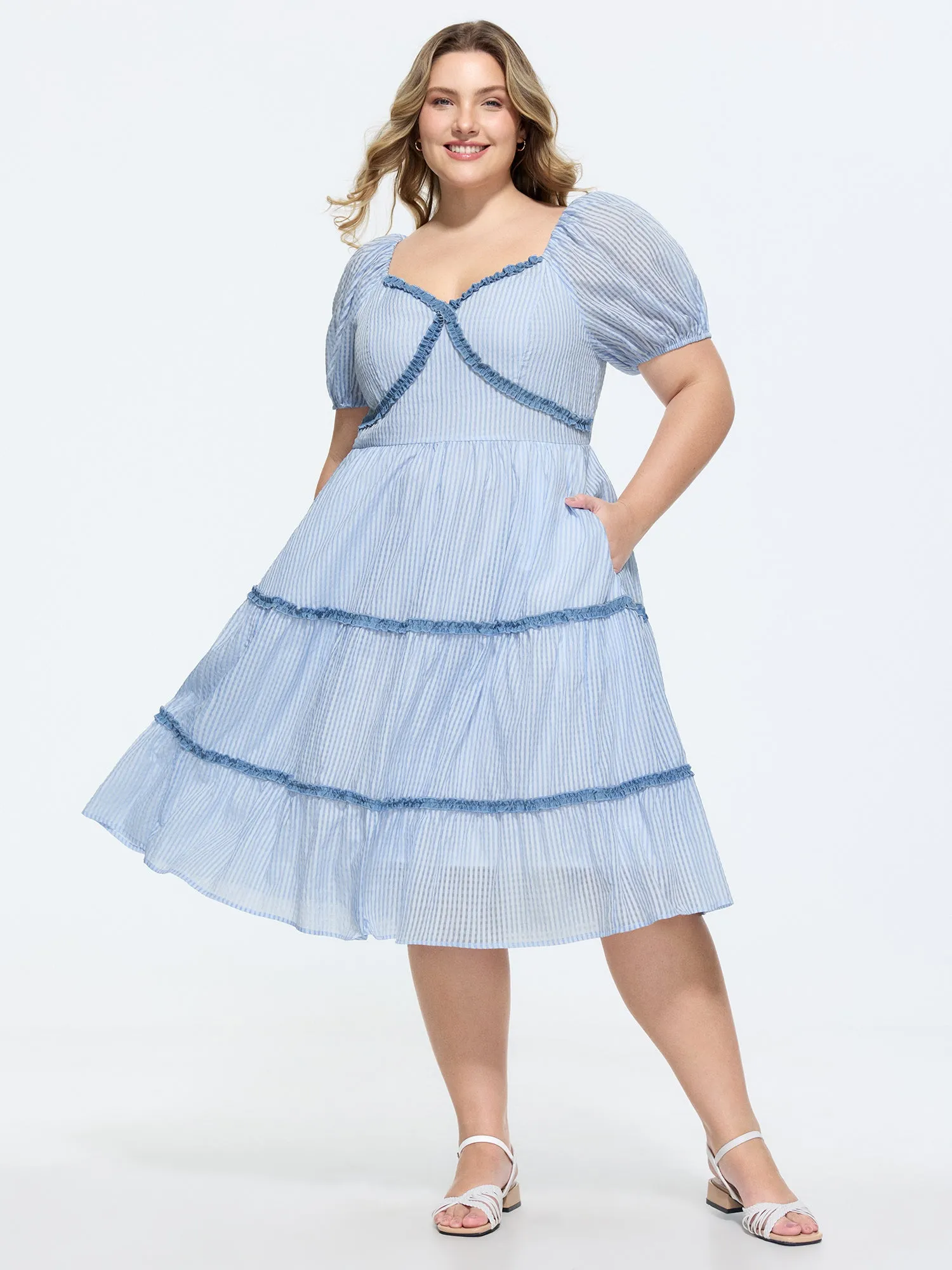Gingham Print Color Contrast Tiered Midi Dress sold by Bloomchic