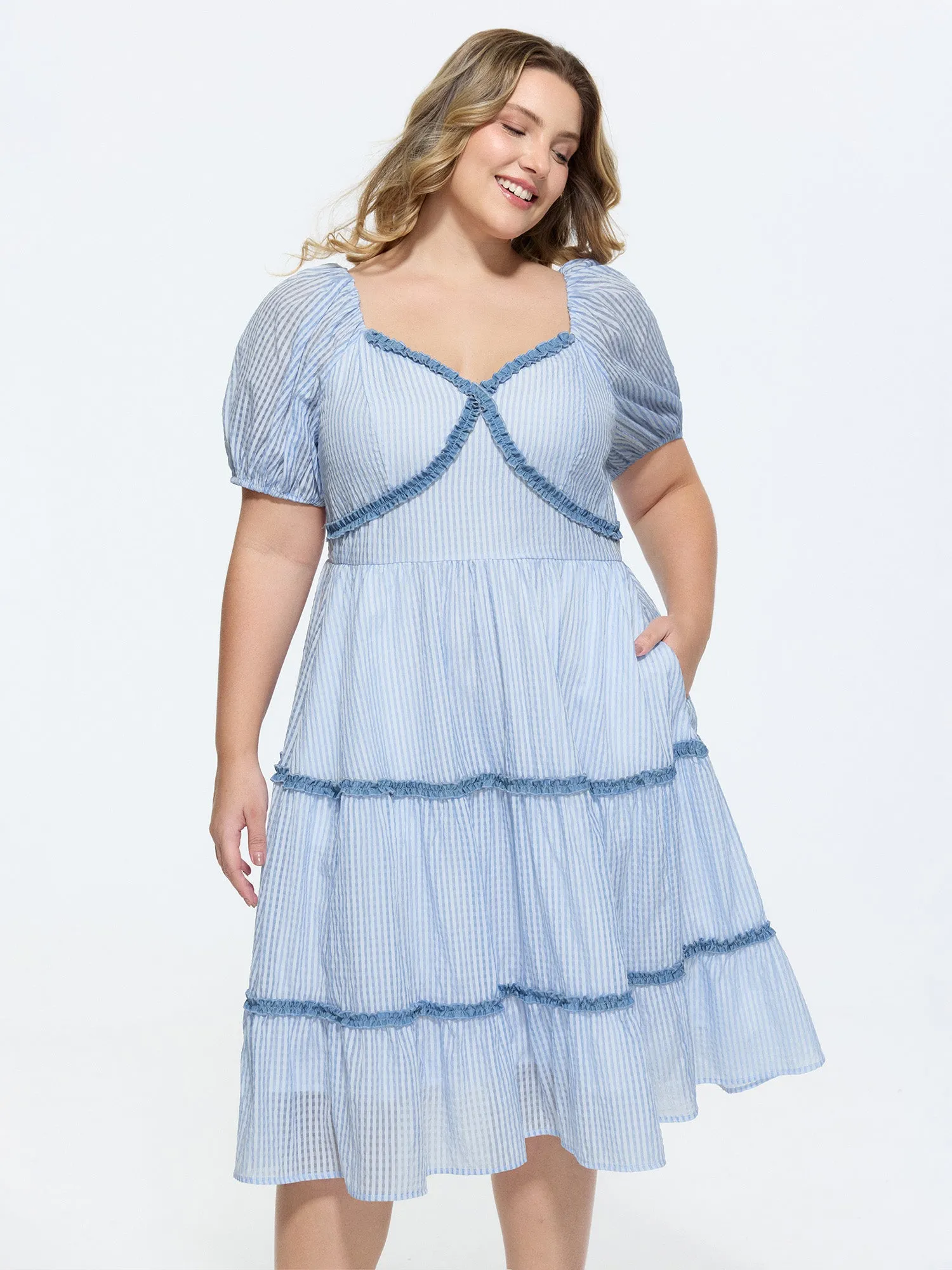 Gingham Print Color Contrast Tiered Midi Dress sold by Bloomchic product image thumbnail 3