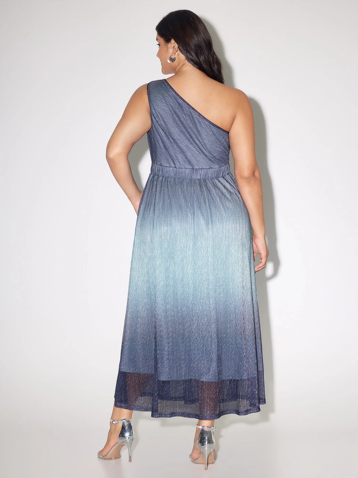 One-Shoulder Ombre Shimmer Mesh Midi Dress sold by Bloomchic product image thumbnail 4