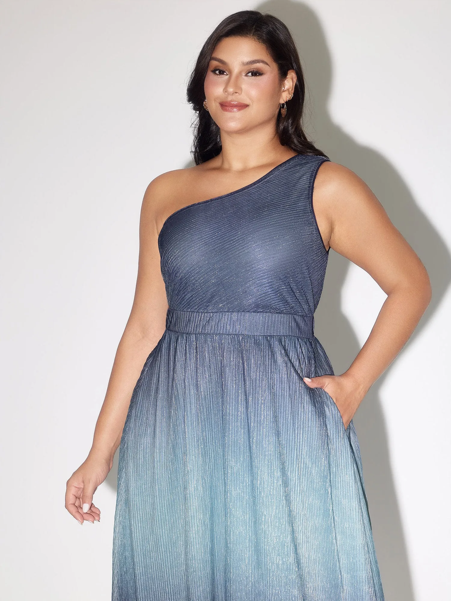 One-Shoulder Ombre Shimmer Mesh Midi Dress sold by Bloomchic product image thumbnail 3