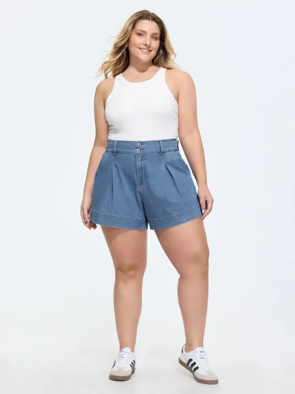 Stretchy Pleated Elastic Back Waist Denim Shorts made by Bloomchic