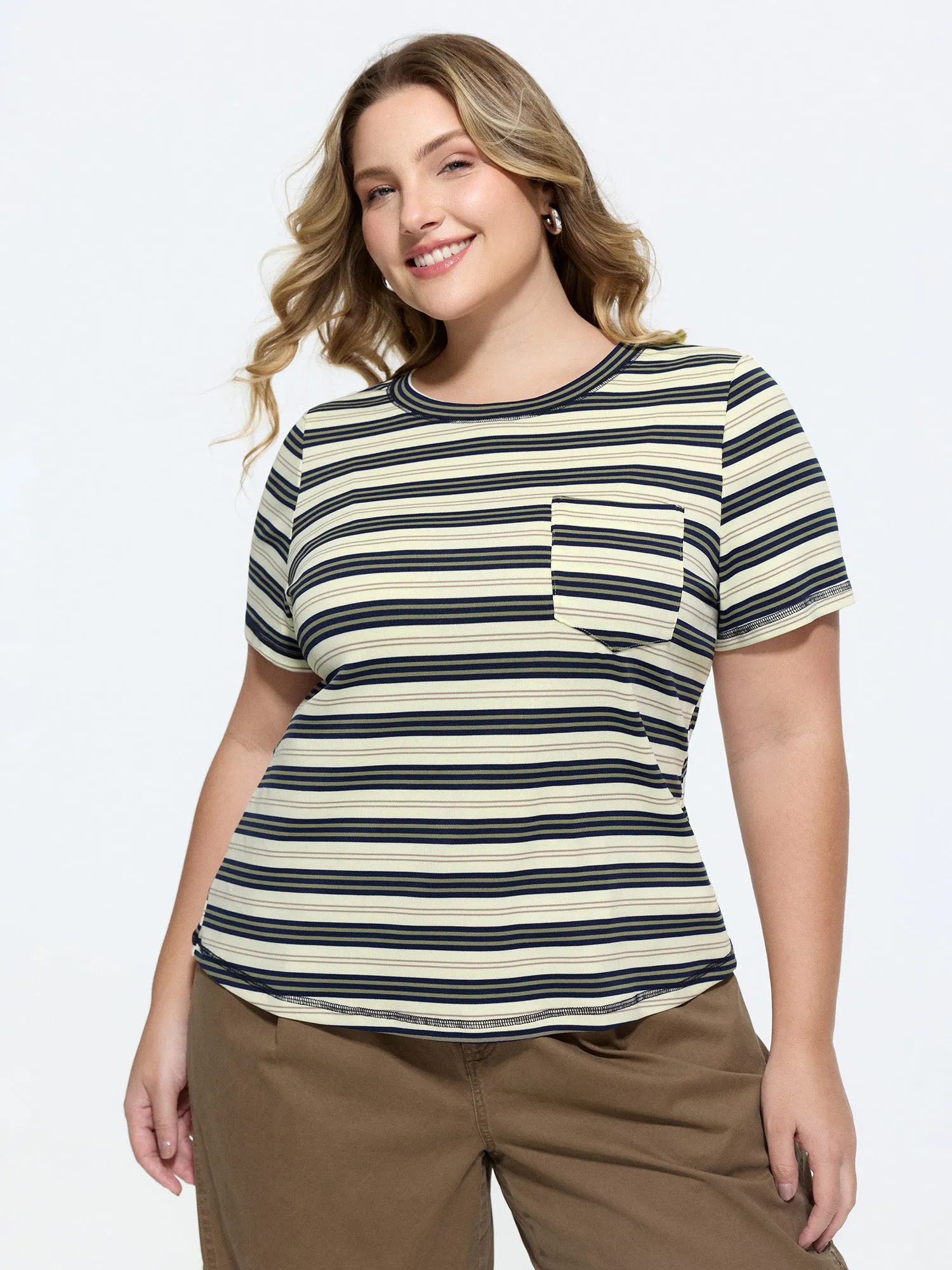 Stretchy Striped Print Round Neck T-Shirt sold by Bloomchic