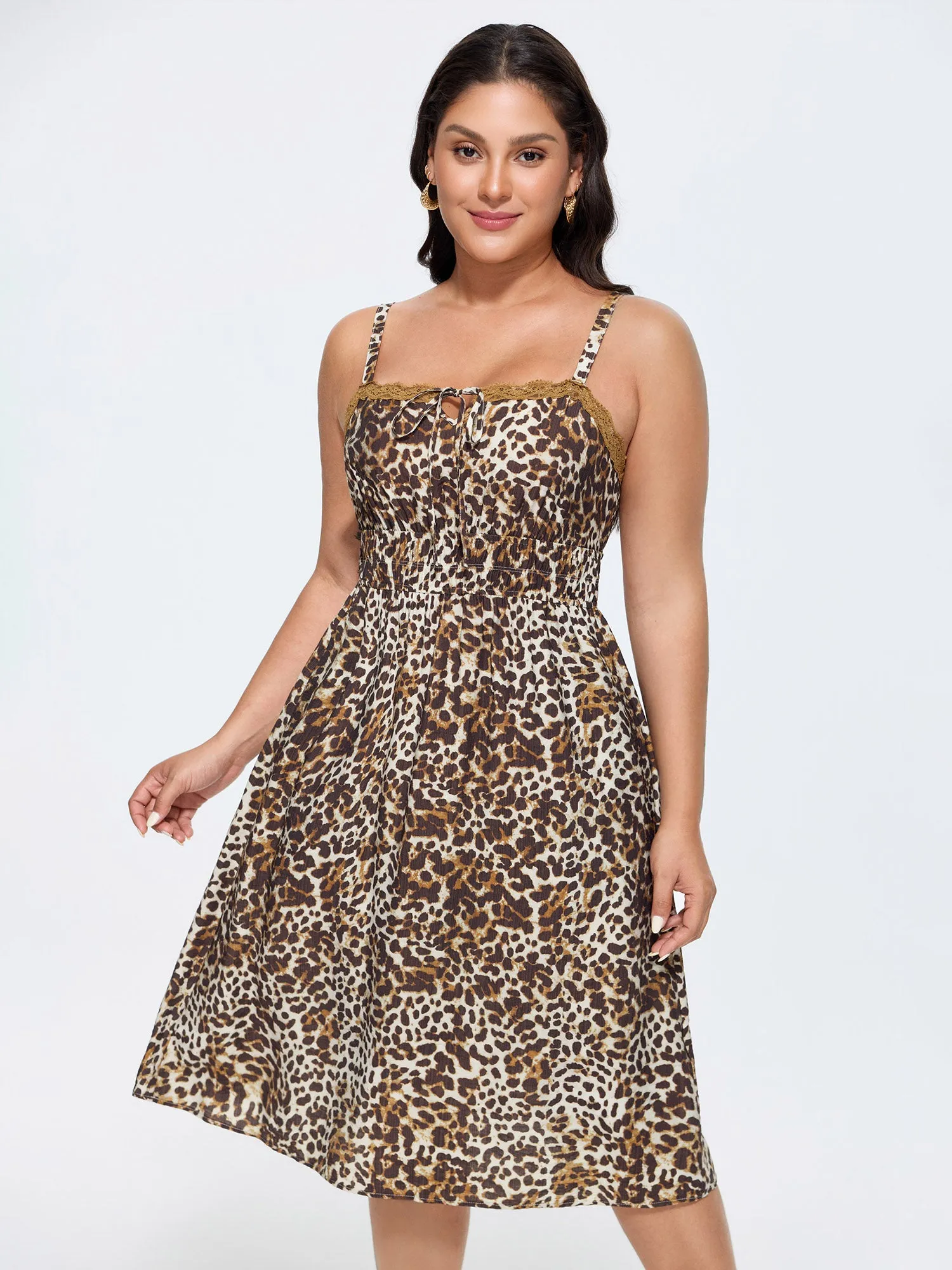 Leopard Print Lace Trim Midi Dress sold by Bloomchic