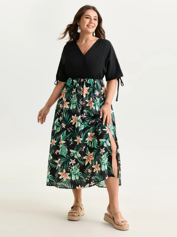 Tropical Floral Print Sleeve Tie Midi Dress made by Bloomchic