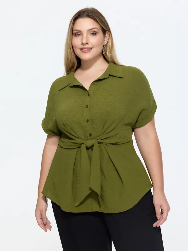 Tie-Front Waist Button-Down Blouse made by Bloomchic