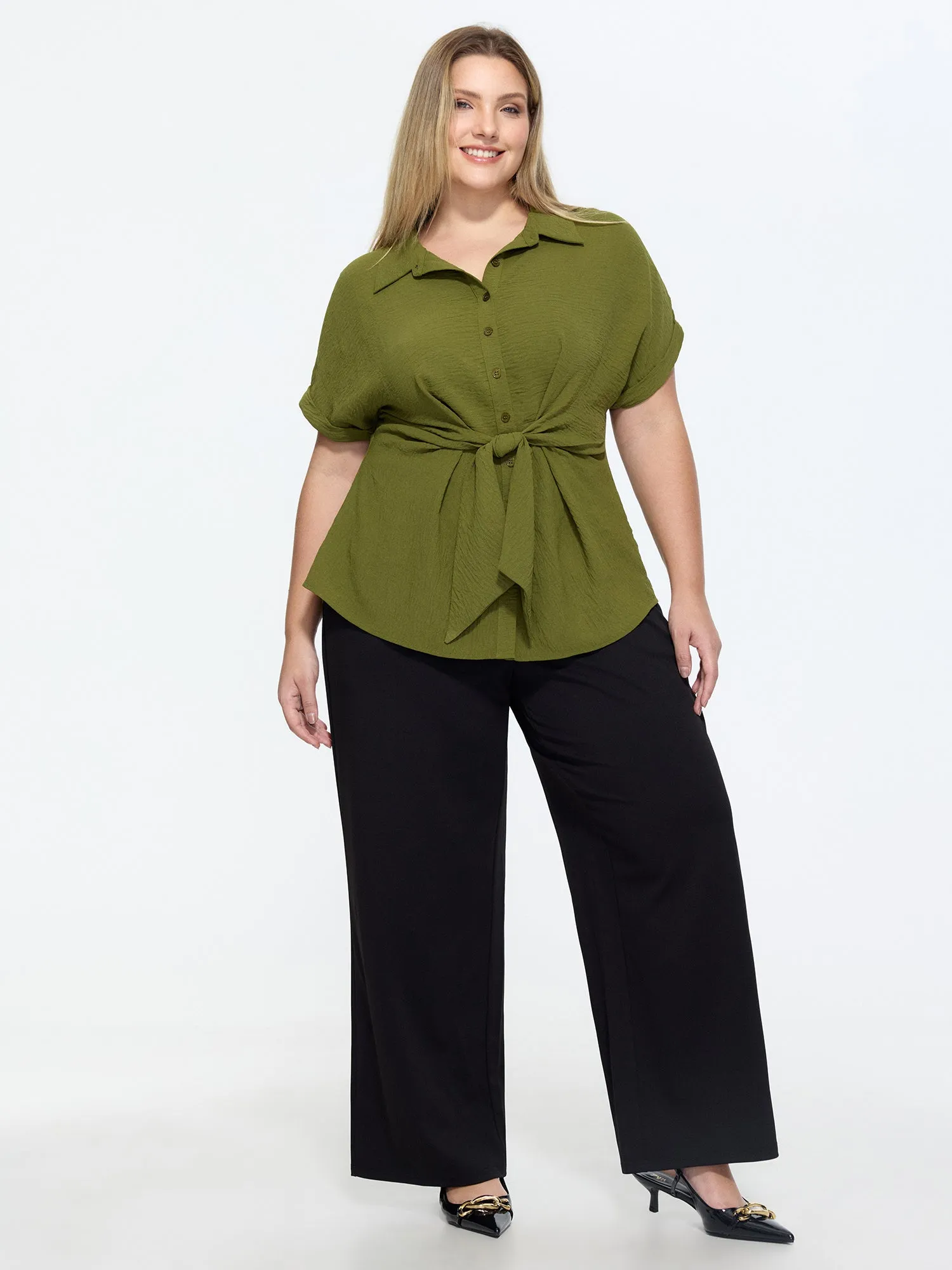 Tie-Front Waist Button-Down Blouse sold by Bloomchic product image thumbnail 3
