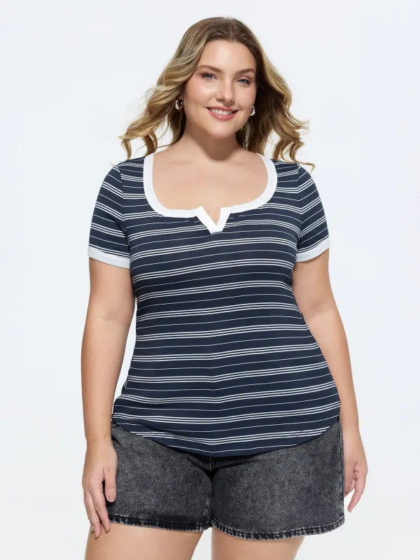 Striped Split Neckline Color Contrast T-Shirt made by Bloomchic