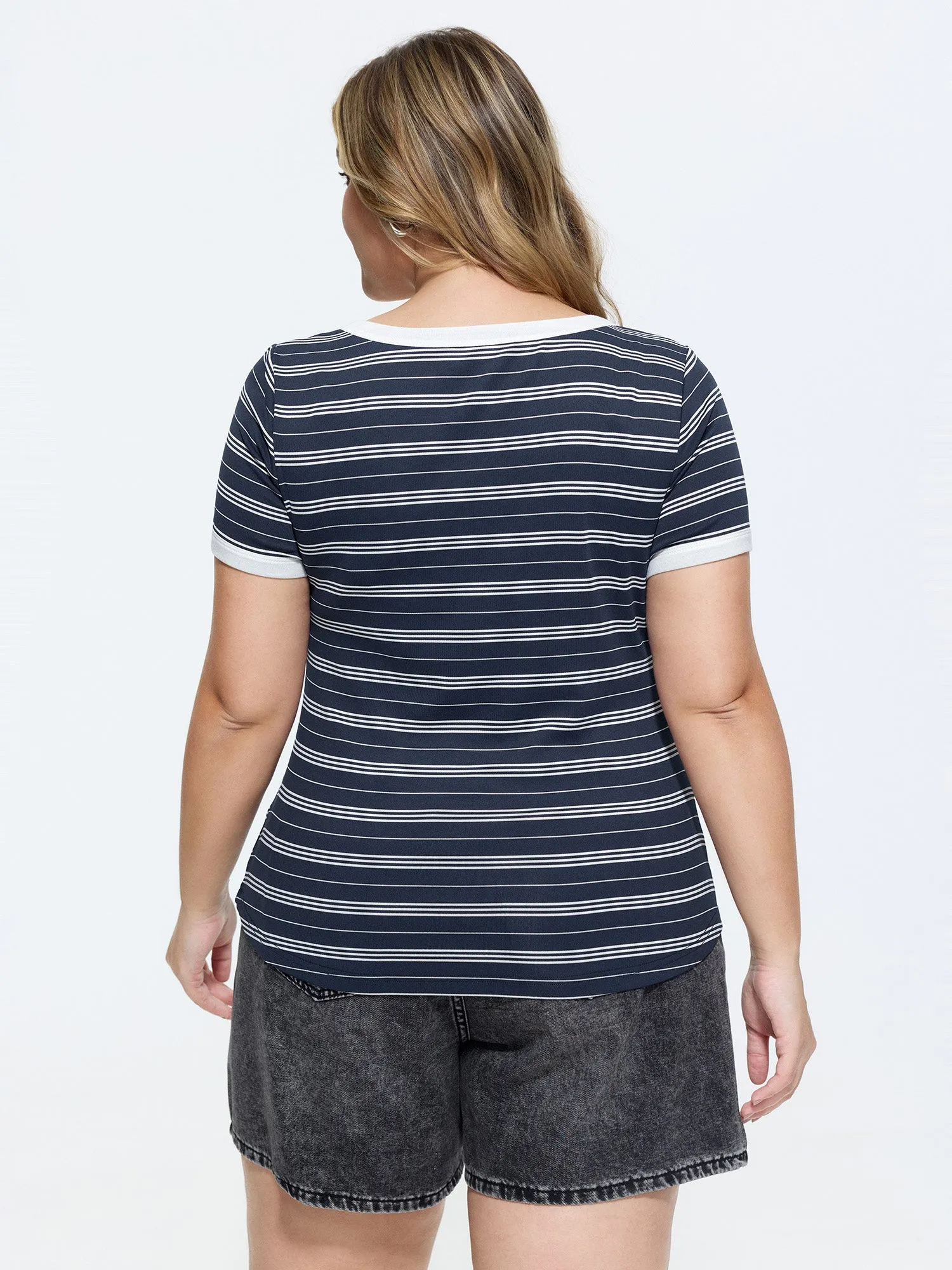 Striped Split Neckline Color Contrast T-Shirt sold by Bloomchic product image thumbnail 4