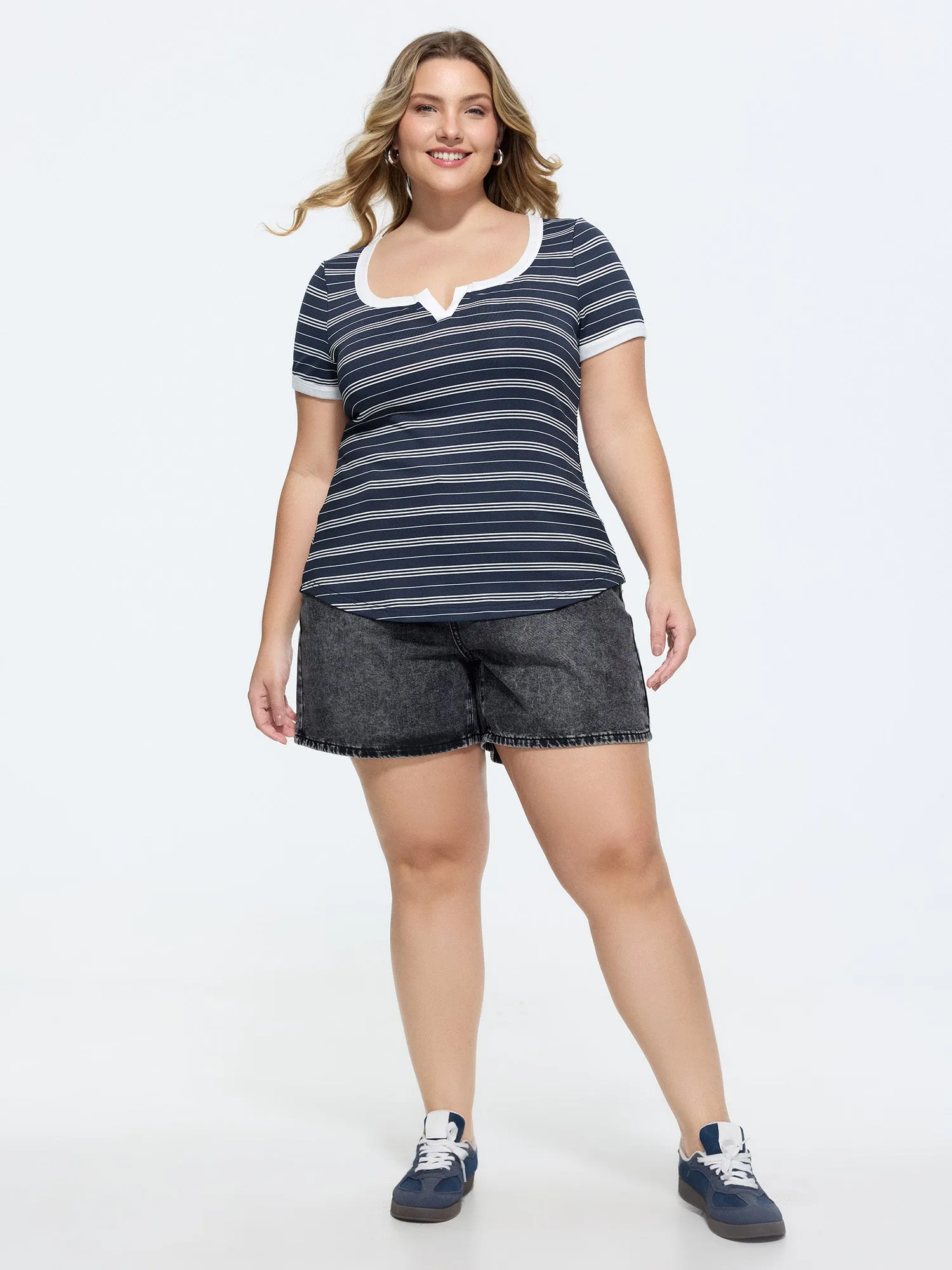 Striped Split Neckline Color Contrast T-Shirt sold by Bloomchic product image thumbnail 3
