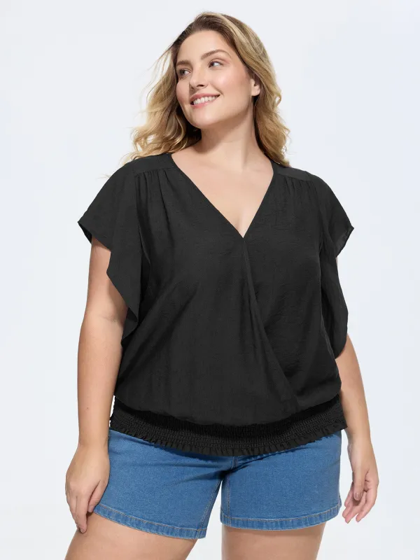Flared Sleeve Shirred Hem Plain Blouse made by Bloomchic