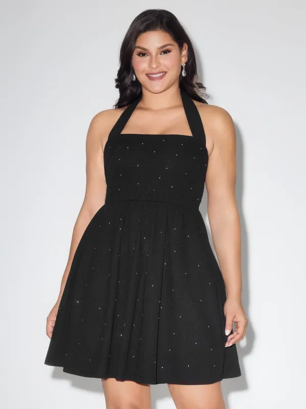 Stretchy Rhinestone Halter Neckline Mini Dress made by Bloomchic