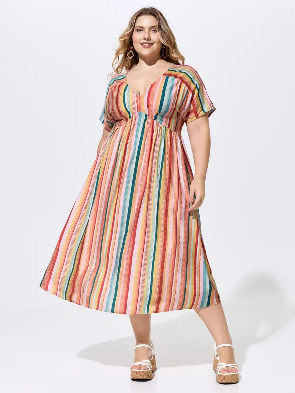 Colorful Striped Print V-Neck Midi Dress made by Bloomchic