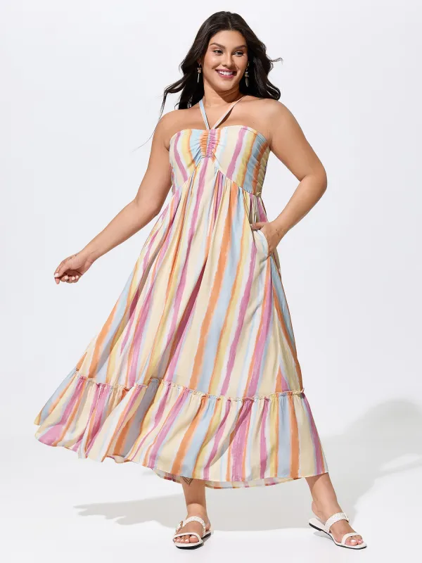 Colorful Striped Print Shirred Pockets Maxi Dress made by Bloomchic