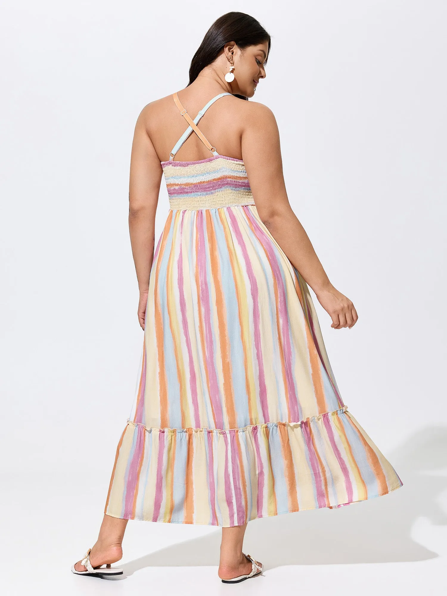 Colorful Striped Print Shirred Pockets Maxi Dress sold by Bloomchic product image thumbnail 5