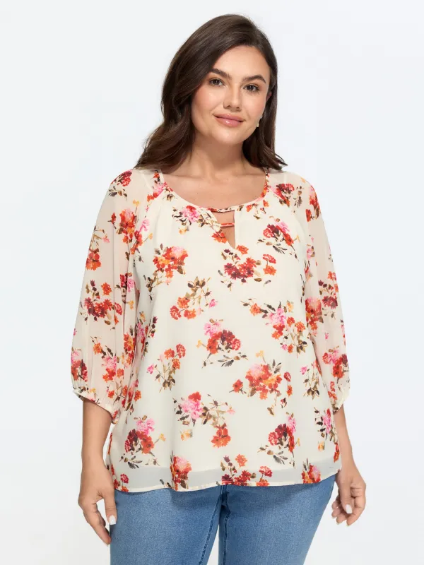 Floral Print Keyhole Neckline Shirt made by Bloomchic