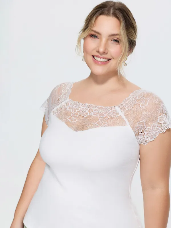 Sheer Lace Neckline Plain Knit Top made by Bloomchic