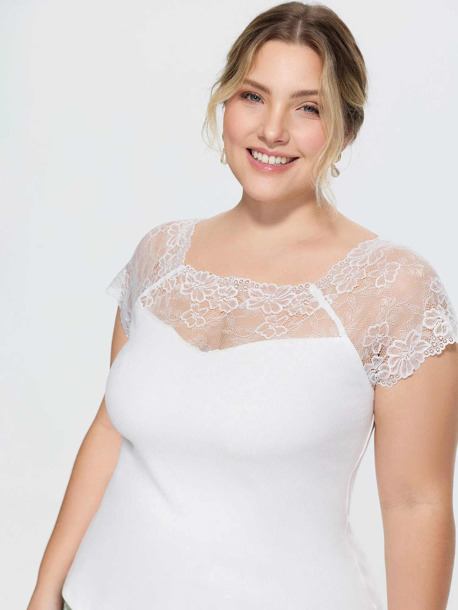 Sheer Lace Neckline Plain Knit Top sold by Bloomchic