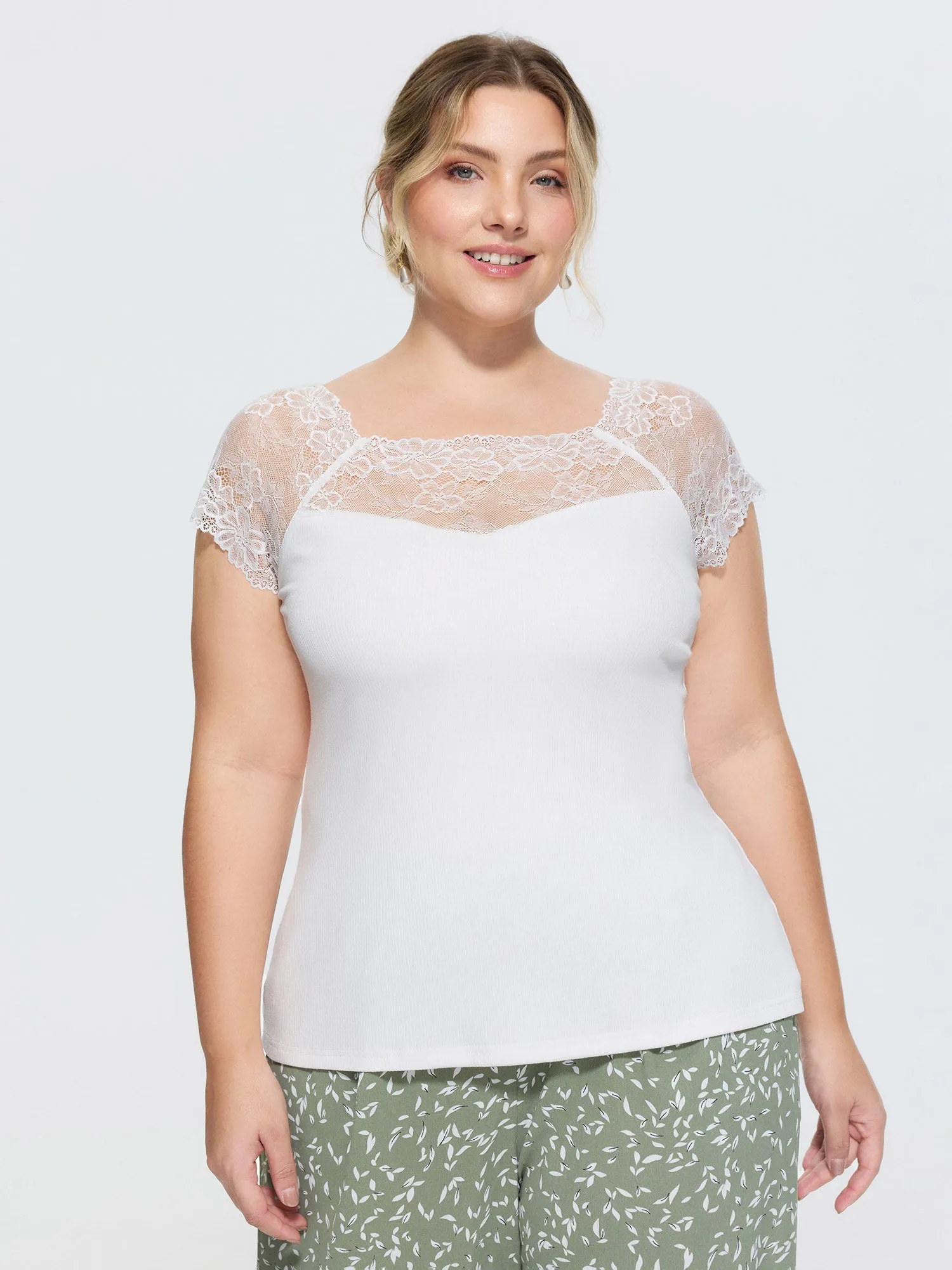 Sheer Lace Neckline Plain Knit Top sold by Bloomchic product image thumbnail 2