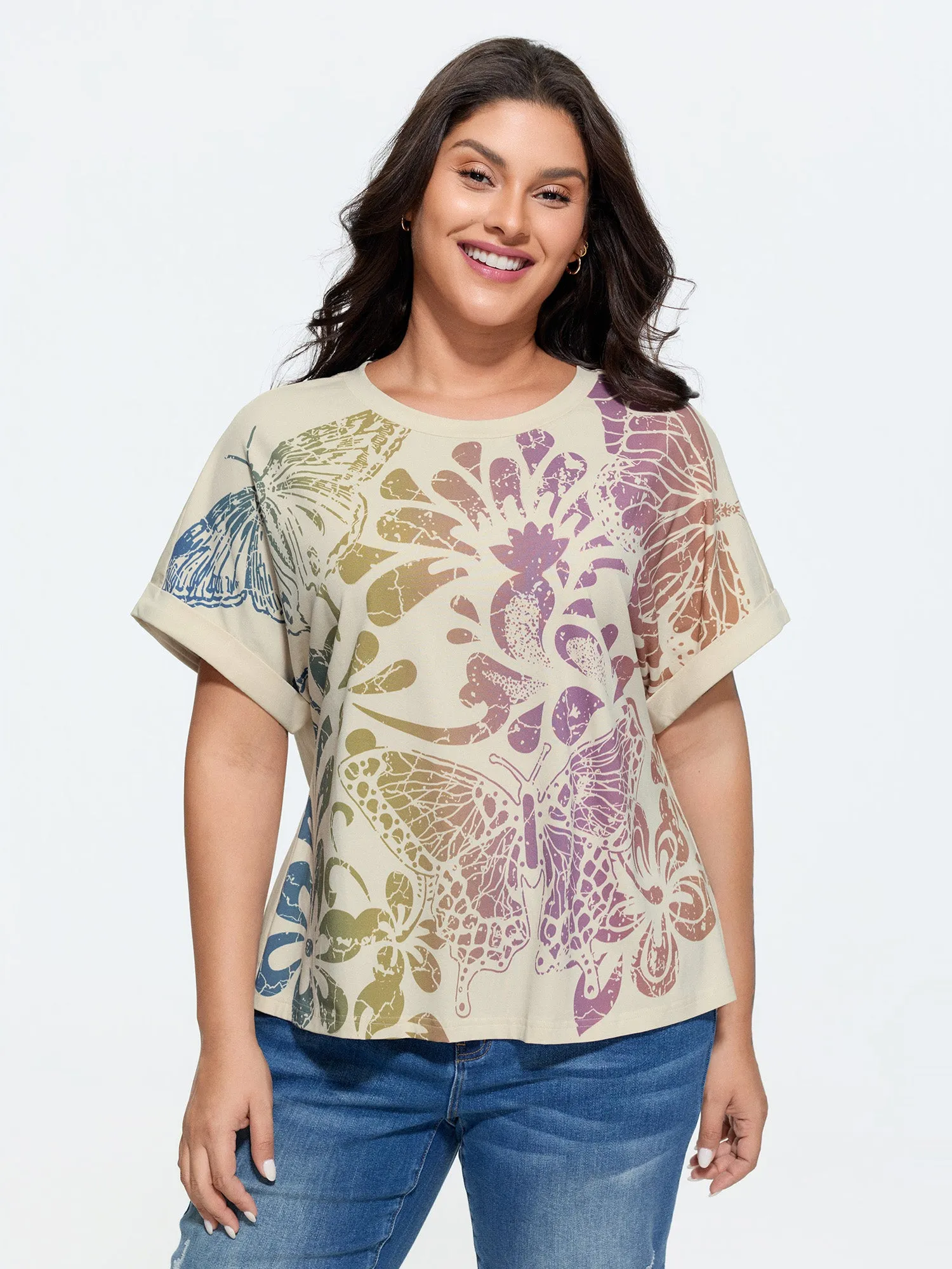 Cotton Colorful Floral Print Flared Sleeve T-Shirt sold by Bloomchic