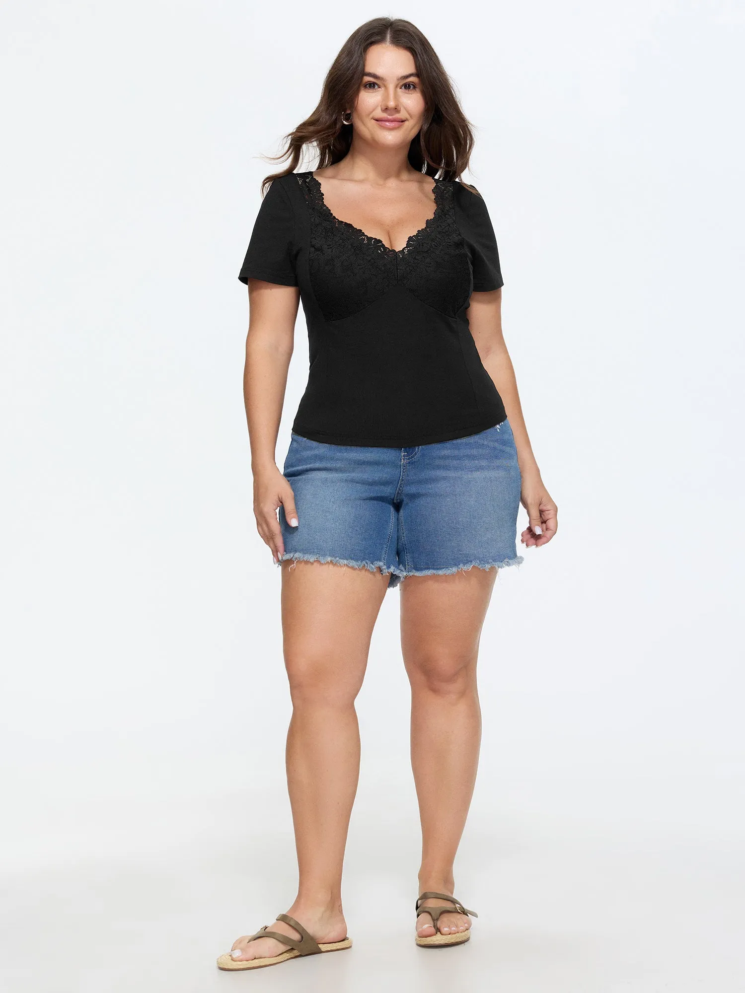 Cotton Lace Trim V-Neckline T-Shirt sold by Bloomchic product image thumbnail 3