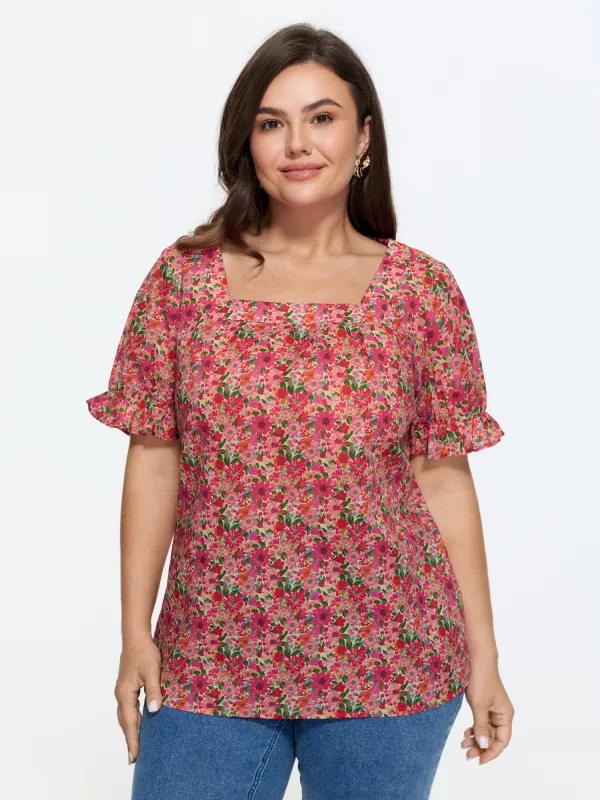 Cotton Square Neck Ruffled Sleeve Blouse made by Bloomchic