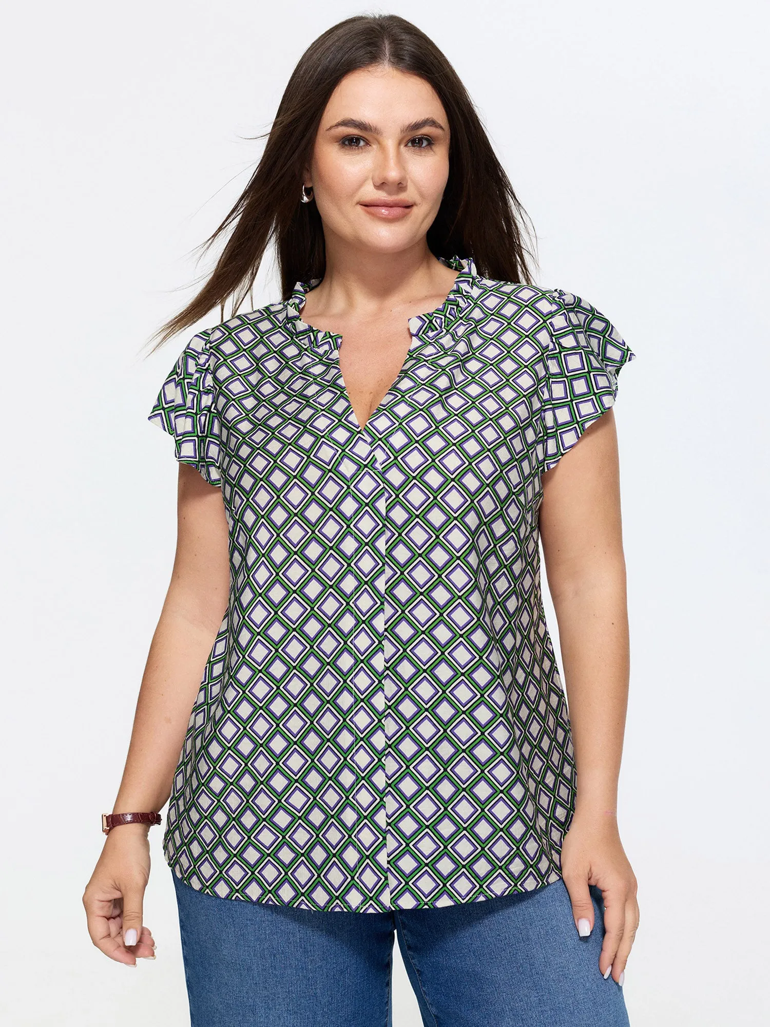 Geo Print Notched Collar Blouse sold by Bloomchic