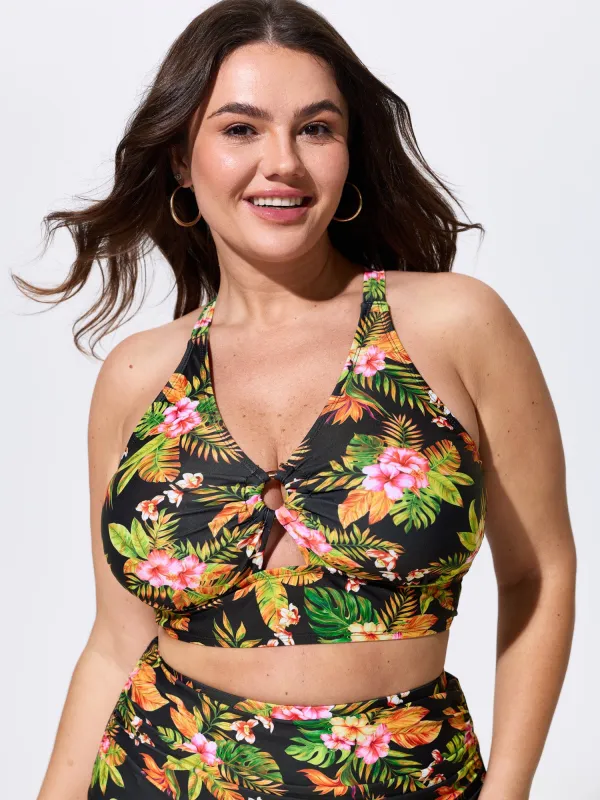 Vibrant Tropical Print V-Neck Swim Top made by Bloomchic