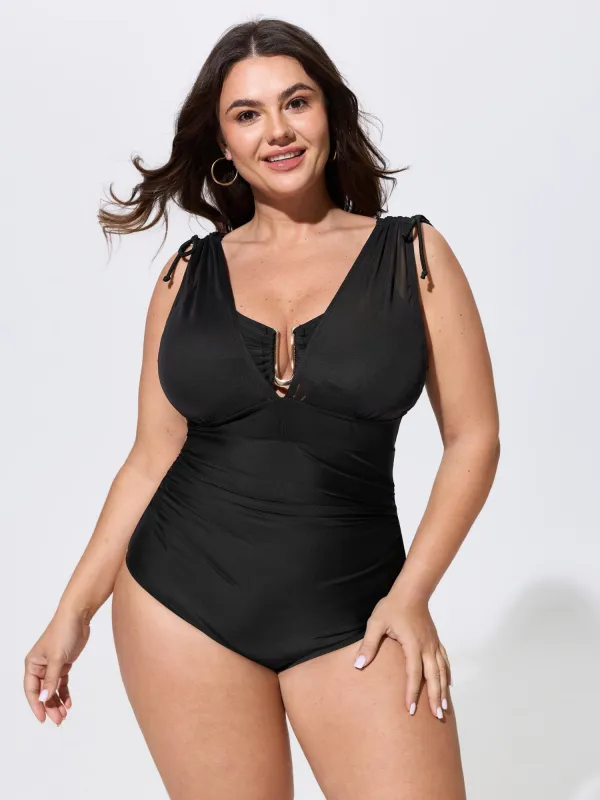 Adjustable Shoulder-Tie Ruched One-Piece Swim made by Bloomchic