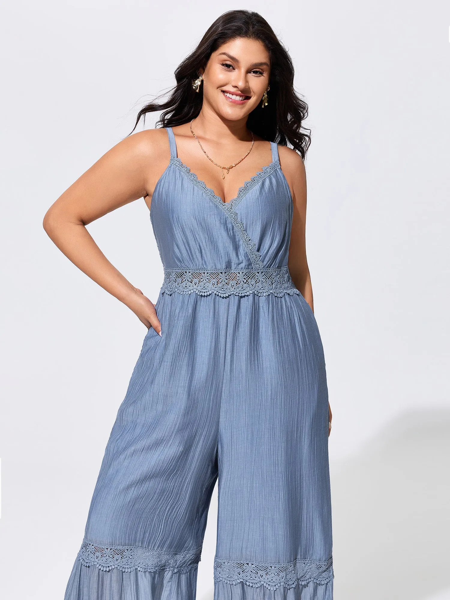 Shirred Lace Detail Wide-Leg Jumpsuit sold by Bloomchic product image thumbnail 3