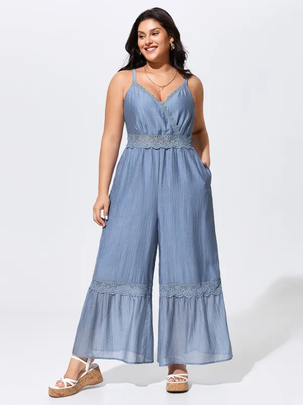 Shirred Lace Detail Wide-Leg Jumpsuit made by Bloomchic