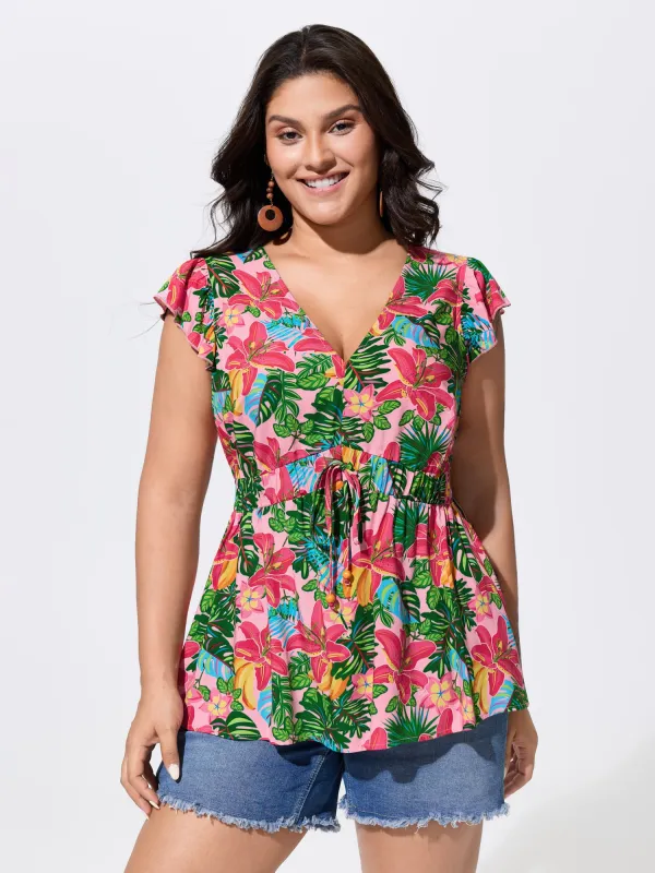 Vibrant Floral Print Cinched-Waist Top made by Bloomchic