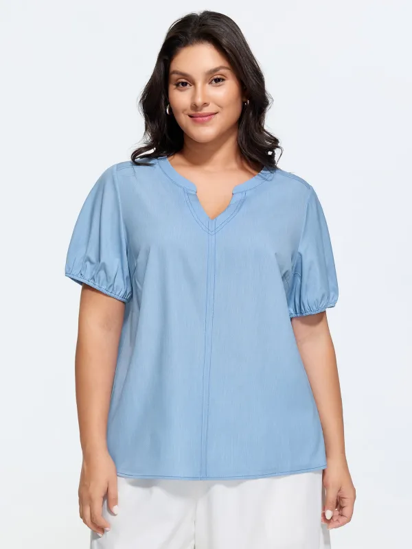 Supersoft Puffy Sleeve Notched Collar Plain Faux Denim Blouse made by Bloomchic
