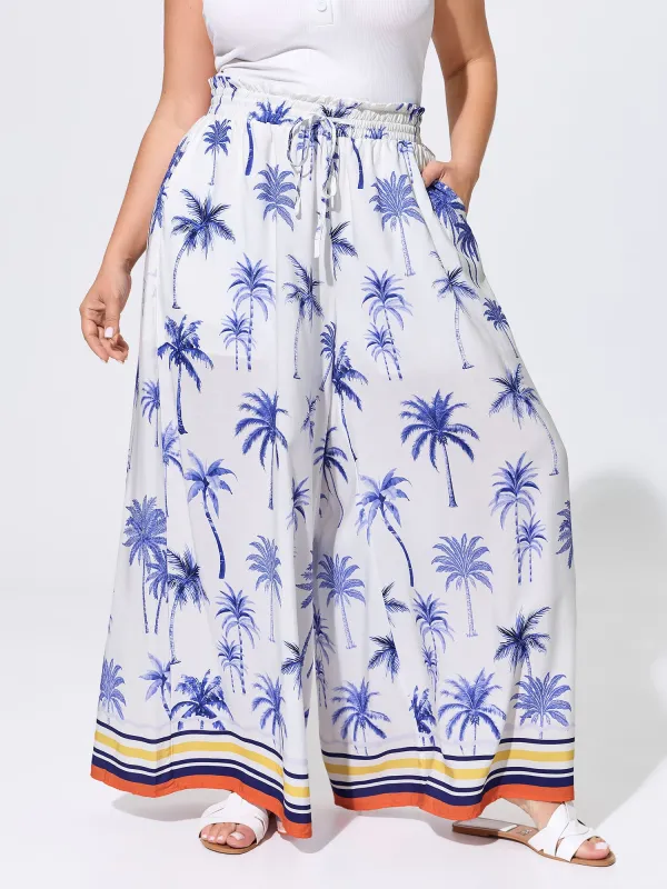 Palm Tree Print Wide Shirred Waistband Pants made by Bloomchic