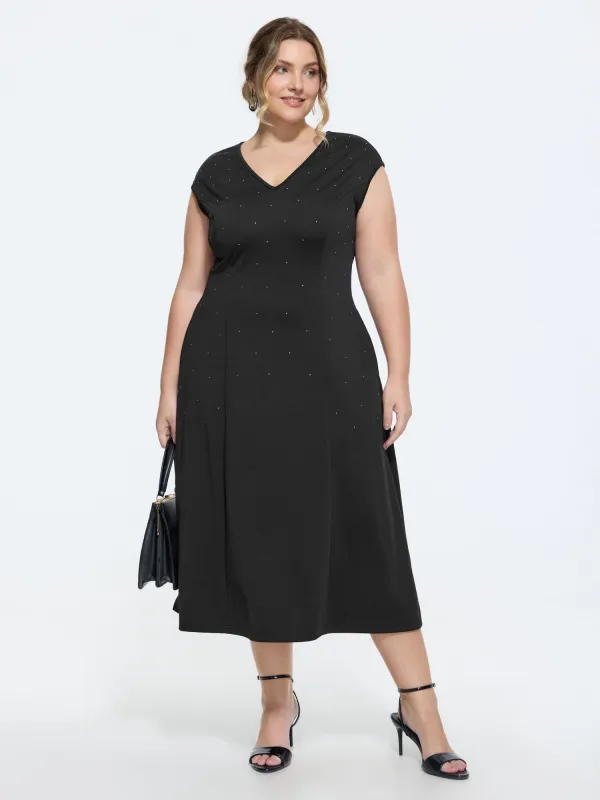 Stretchy Rhinestone V-Neck Midi Dress made by Bloomchic