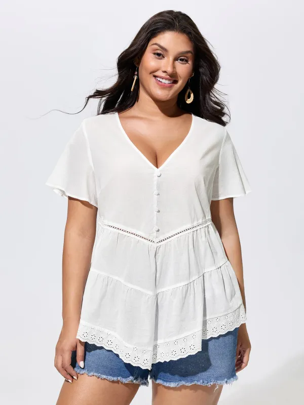 Cotton V-Neck Tiered Plain Blouse made by Bloomchic