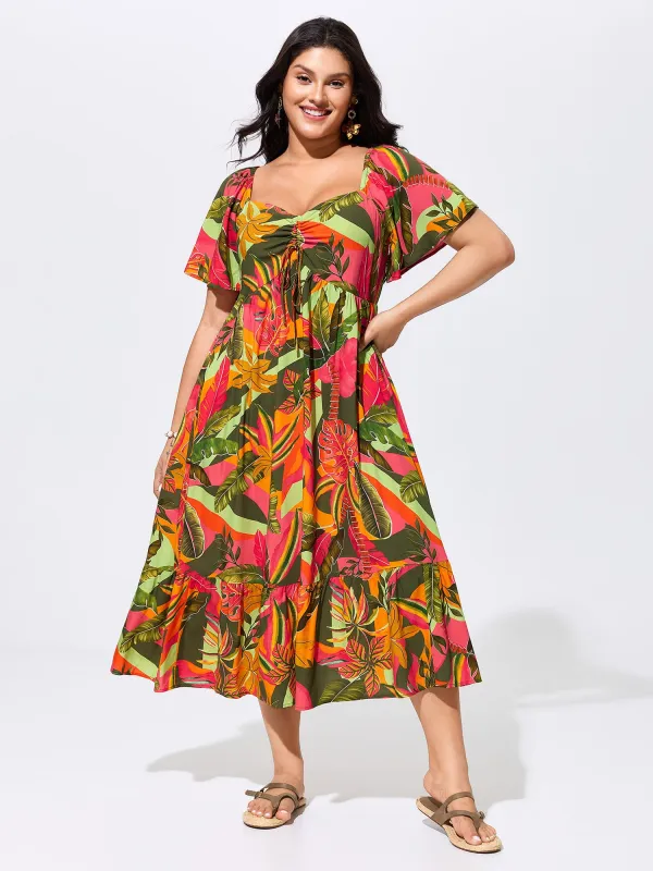 Vibrant Tropical Print Adjustable Chest Drawstring Bust-Friendly Midi Dress made by Bloomchic