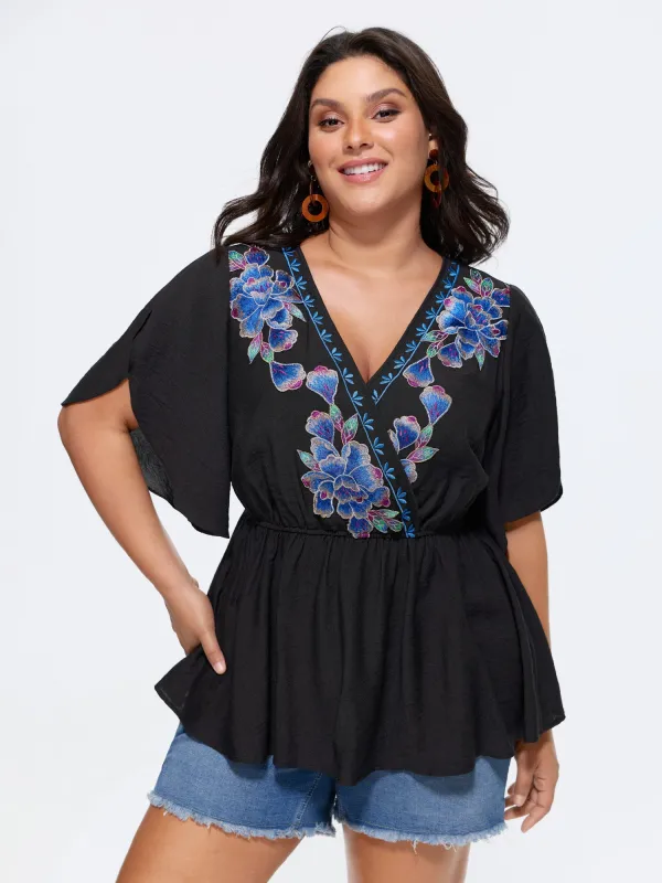 Floral Embroidered Wrap Neckline Top made by Bloomchic