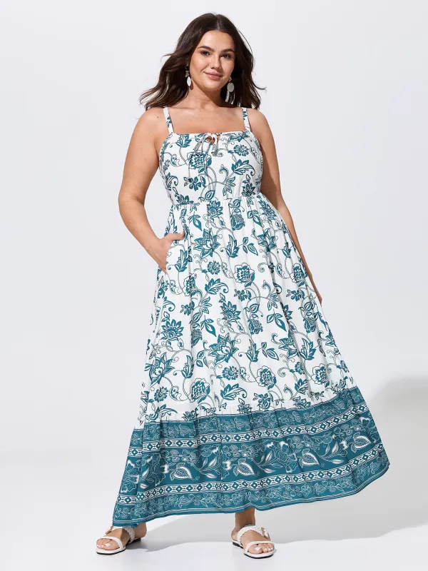 Floral Print Neck-Tie Color Contrast Maxi Dress made by Bloomchic