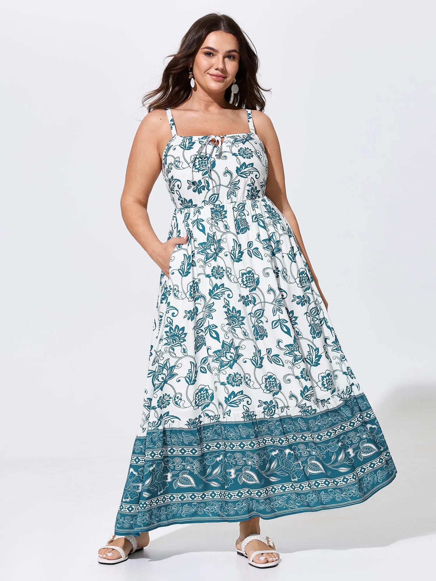 Floral Print Neck-Tie Color Contrast Maxi Dress sold by Bloomchic