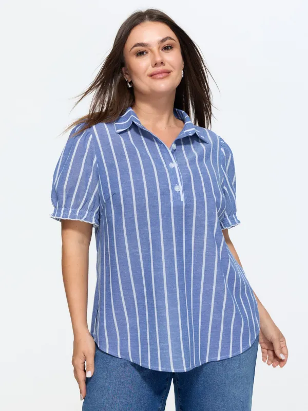 Pure Cotton Striped Puffy Sleeve Blouse made by Bloomchic
