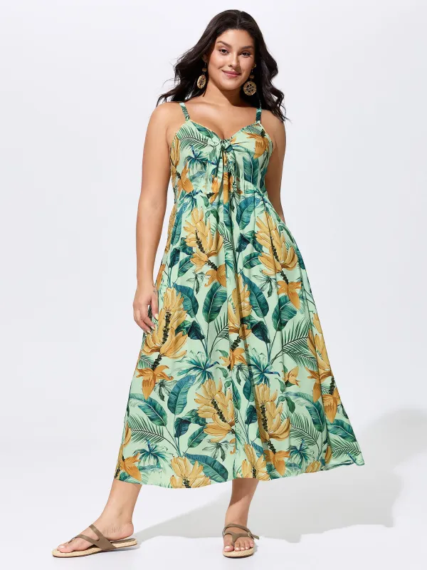 Tropical Print Shirred Knotted Front Maxi Dress made by Bloomchic