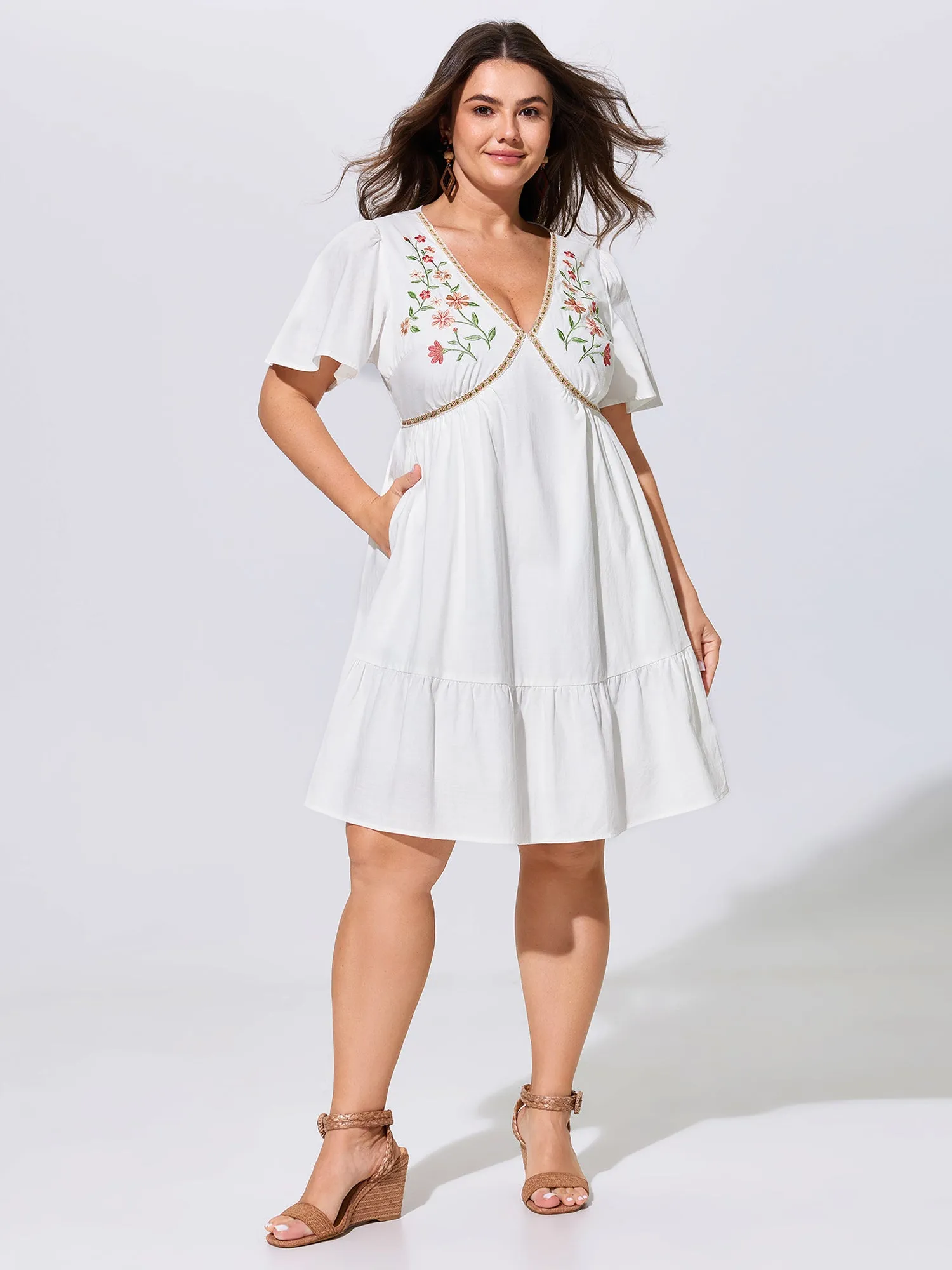 Floral Embroidered V-Neck Ruffled Hem Mini Dress sold by Bloomchic product image thumbnail 3