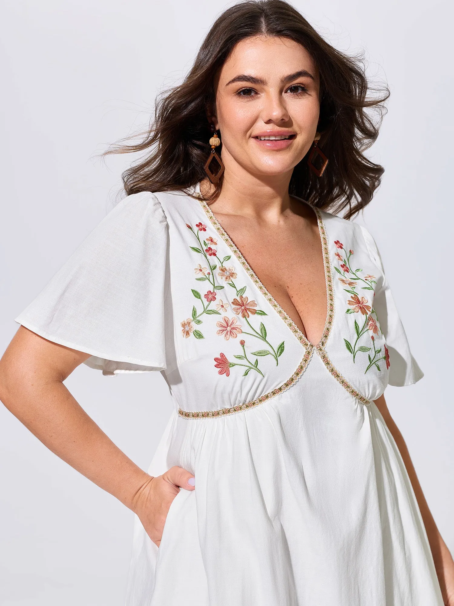 Floral Embroidered V-Neck Ruffled Hem Mini Dress sold by Bloomchic product image thumbnail 2