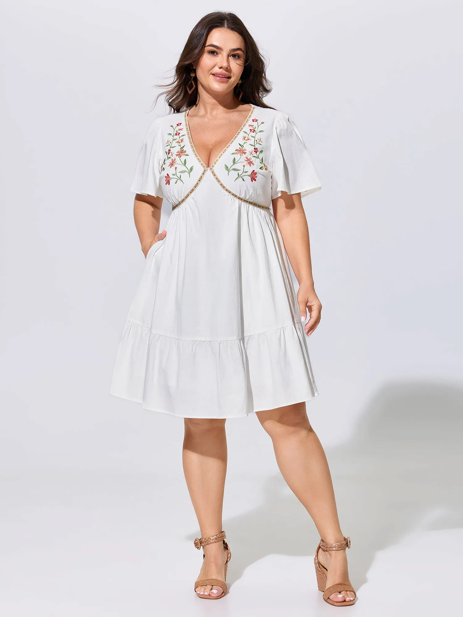 Floral Embroidered V-Neck Ruffled Hem Mini Dress sold by Bloomchic product image thumbnail 4