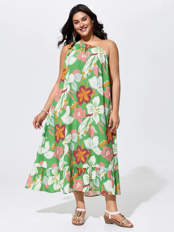 Colorful Floral Print One-Shoulder Tie Maxi Dress made by Bloomchic